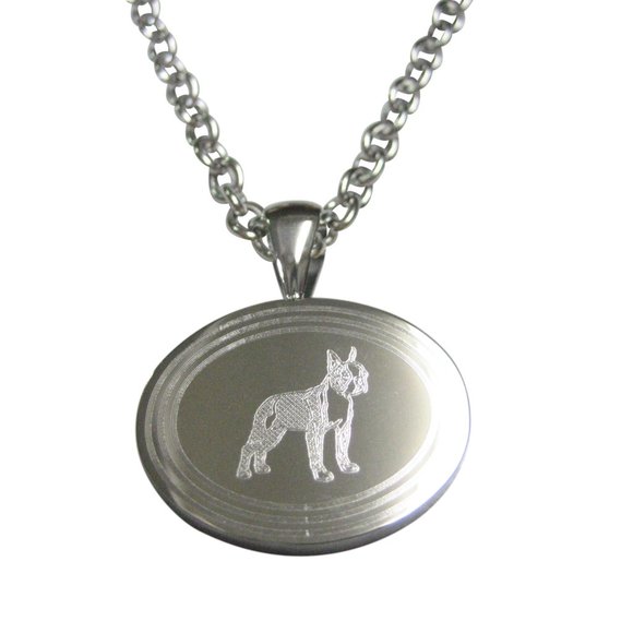 Etched Oval Boston Terrier Dog Pendant Necklace - Picture 1 of 3